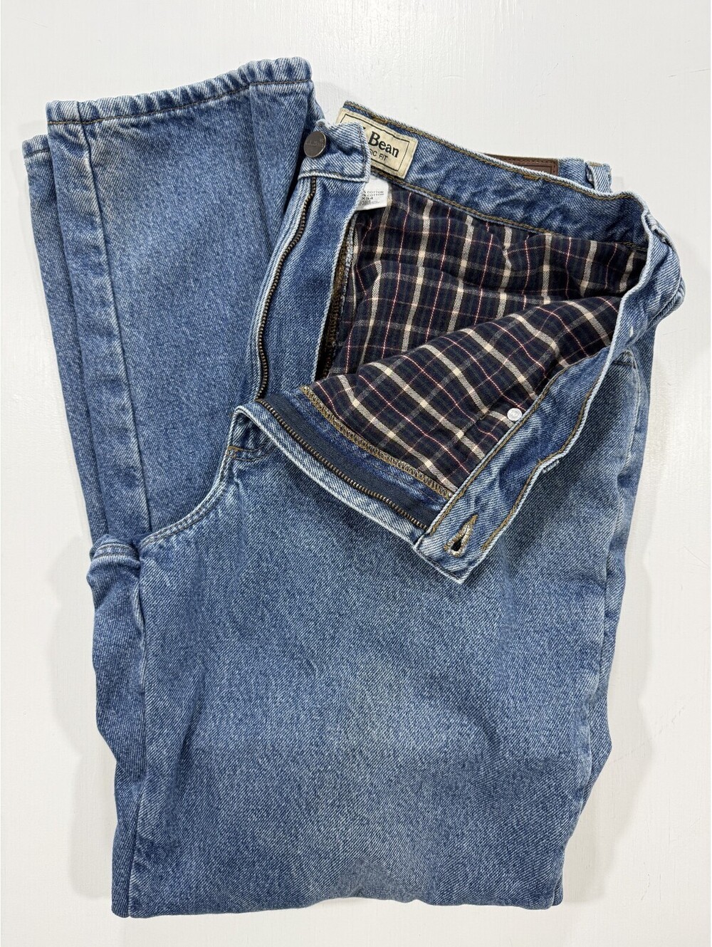 L.L.Bean Flannel Lined Jeans Mens 38x34 Classic Fit Blue Denim Plaid